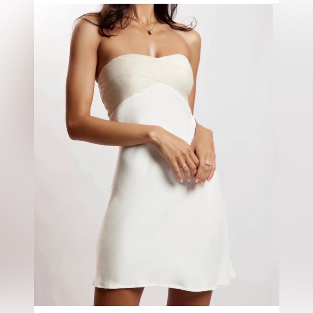 Meshki strapless white minidress with tan top
